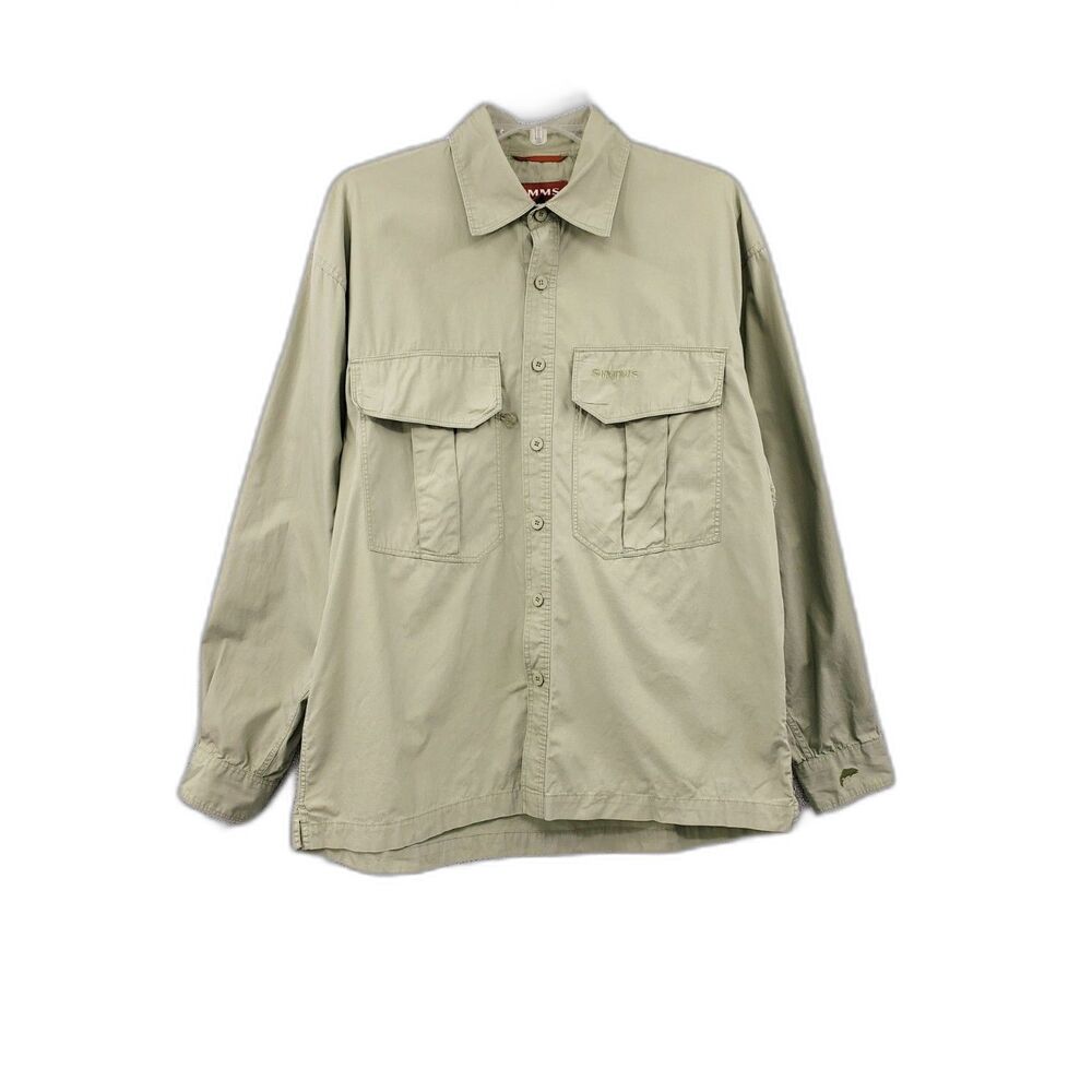 Simms Fishing Long Sleeve Button Up Shirt Men's M Khaki Outdoors Gorpcore Casual
